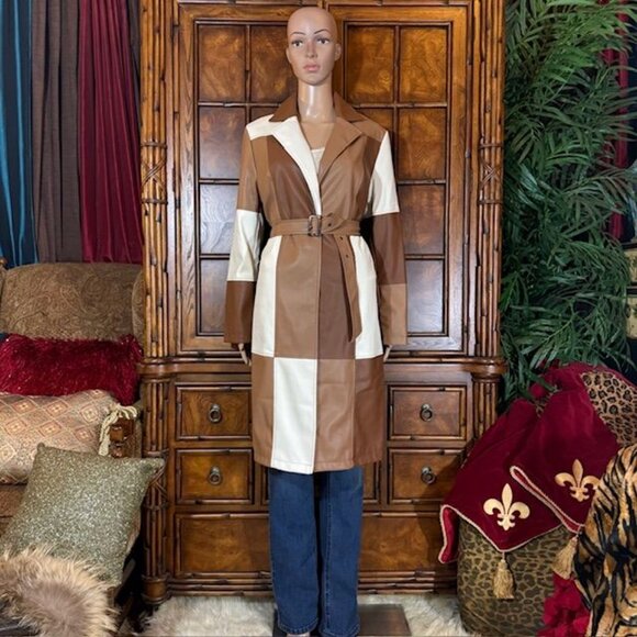 Forever 21 Faux Leather Neutral Patchwork Belted Slit Cuff Coat - Picture 7 of 16